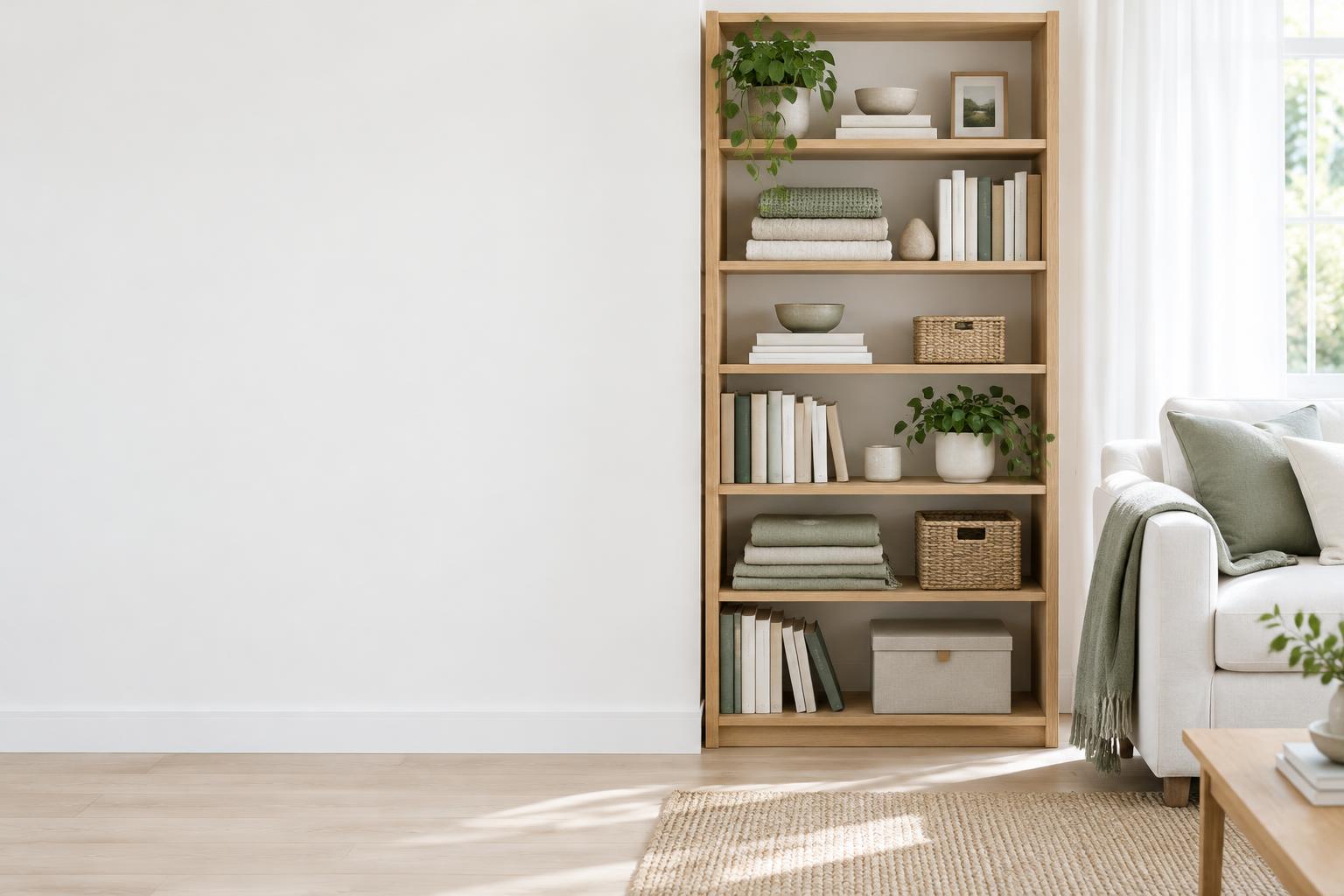 A light-filled, organized living room with neatly arranged shelves and green plants